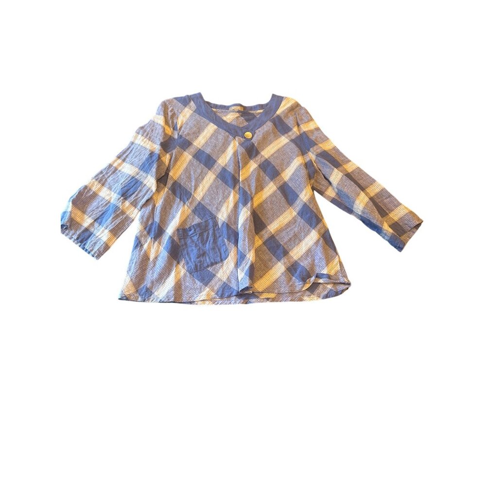 Habitat Blue Plaid Linen-Cotton Shirt Large Button Front Lightweight Lagenlook